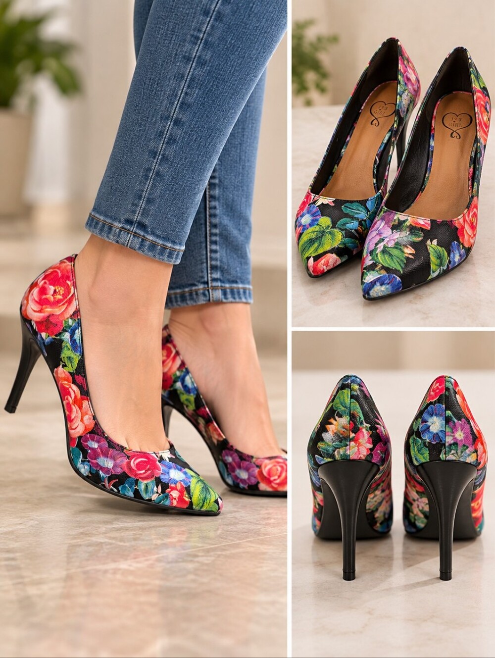 143 Girl Floral Pointed Pump in Red, Pink, Blue, Green